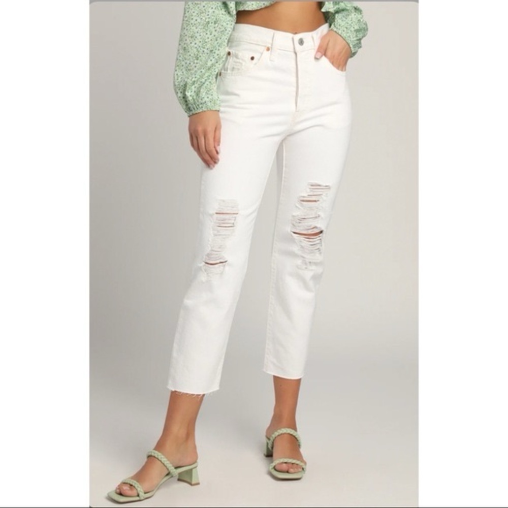 Levi’s 501’s Premium Quality High Rise Distressed White Raw Hem Crop Denim Jeans